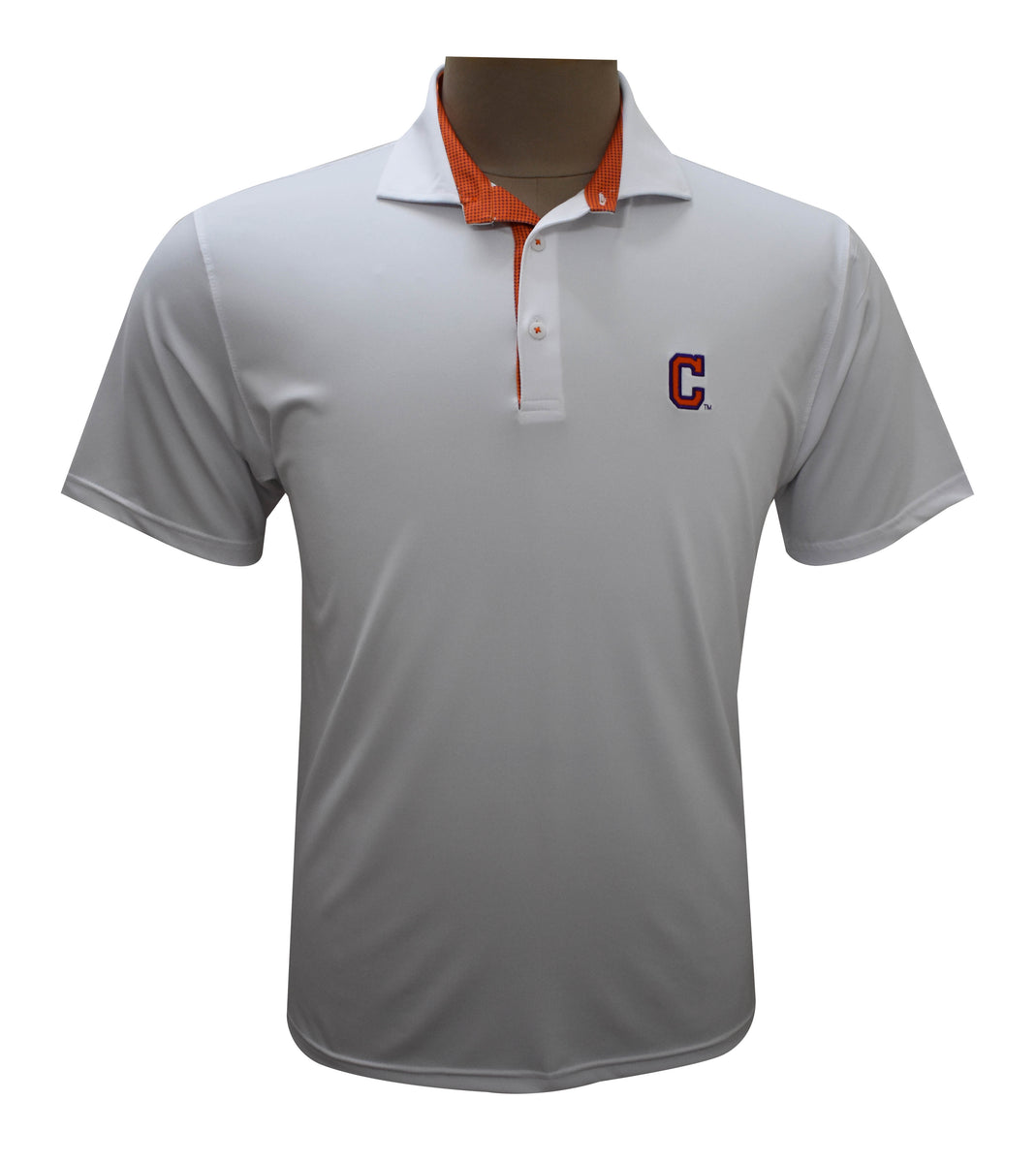 White polo shirt with red outlet collar